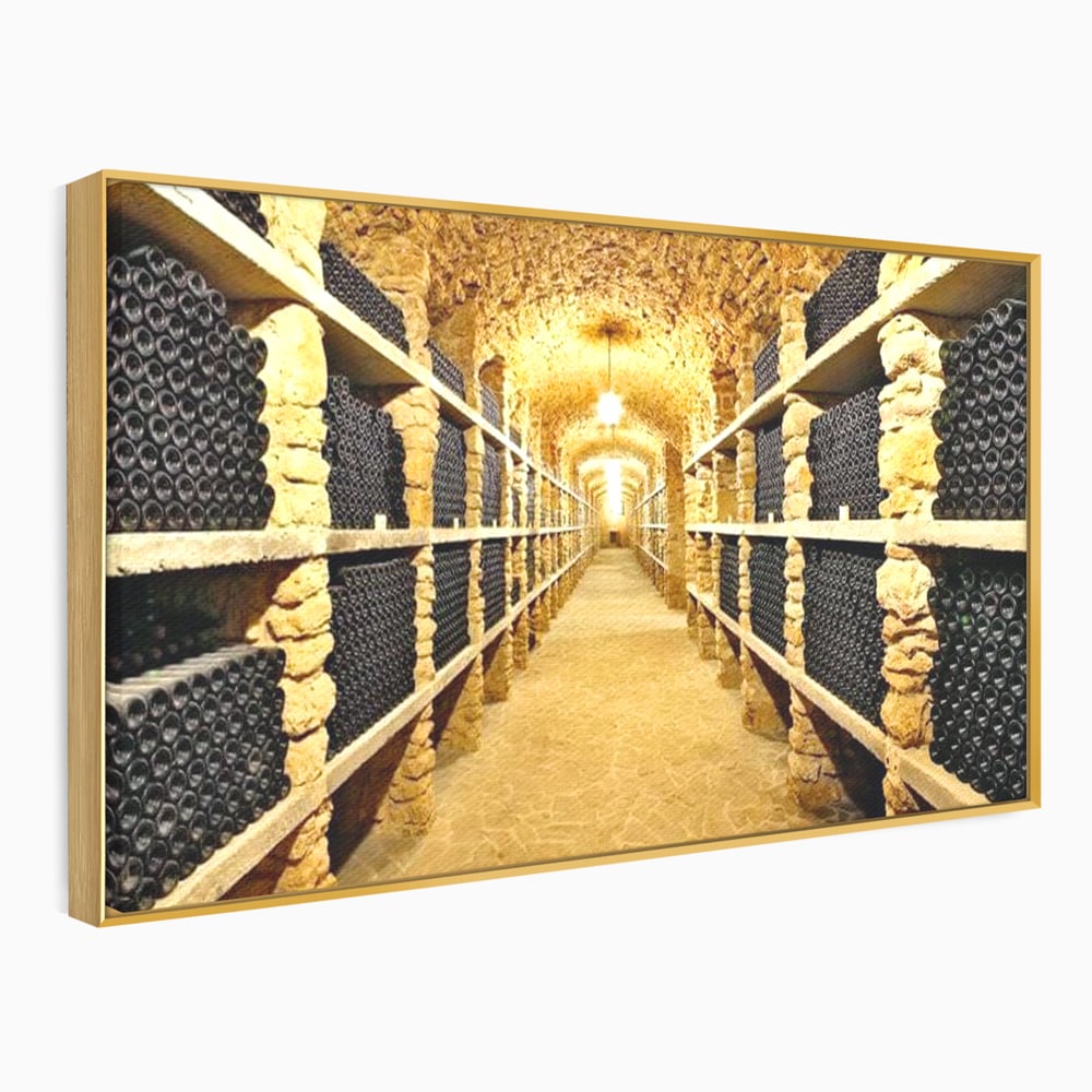 Tablou canvas cu tablou canvas cu crama subterana si sticle de vin, in rama de aluminiu auriu